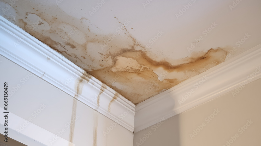 Fototapeta premium Water stains have formed on the ceiling with moisture dripping down in a home setting. The condition highlights potential plumbing or roof issues needing urgent attention