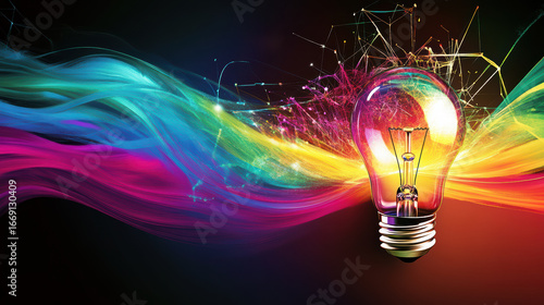 Vibrant multi color graphic design showcases light bulb surrounded by flowing waves of color, symbolizing creativity and innovation. dynamic elements evoke sense of inspiration and energy