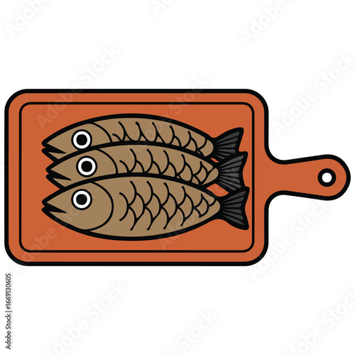 Cartoon style fried fish on a wooden cutting board isolated vector illustration on white background