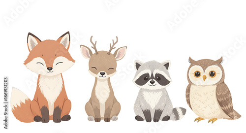 Cute woodland animals illustration, adorable fox, deer, raccoon, owl characters, cartoon animals, baby animals, kids illustration, nursery art,  