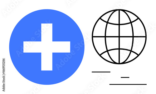 Blue cross in a circle paired with a globe outline, symbolizing global health, aid, or connectivity. Ideal for healthcare, collaboration, technology, communication, connectivity networking simple
