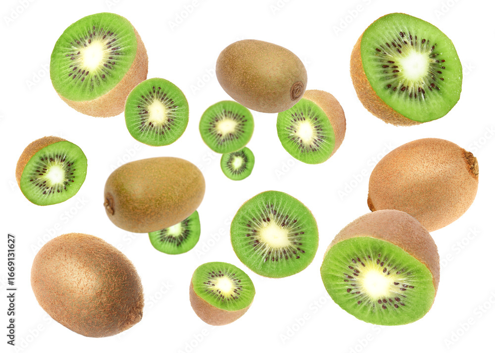 Fototapeta premium Tasty fresh kiwi fruits swirling in air against white background