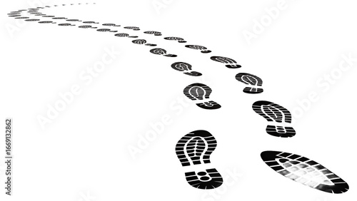 Footprints Trail, Black Shoe Prints Leading Forward, White Background