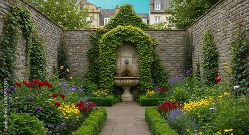 Tranquil secret garden flourishing in a hidden pocket of a bustling city, tall stone walls, ivy-covered, stone fountain in the center, overgrown greenery, vibrant pops of red, yellow, and purple bloom