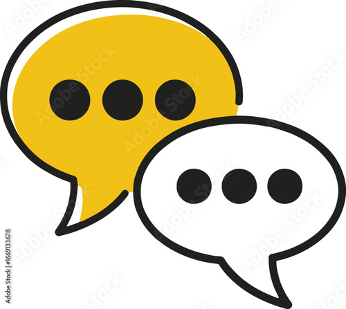 Two speech bubbles one yellow and one white with ellipsis inside on a white background design element