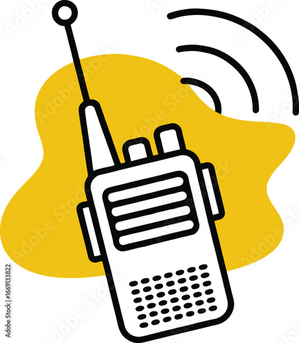 A drawing of a walkie talkie with an antenna and sound waves against a yellow background shape design