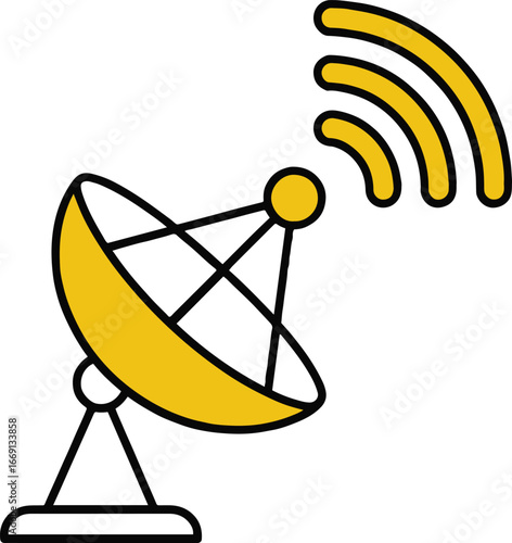 A yellow satellite dish with black outline and signal waves on a white background in cartoon style