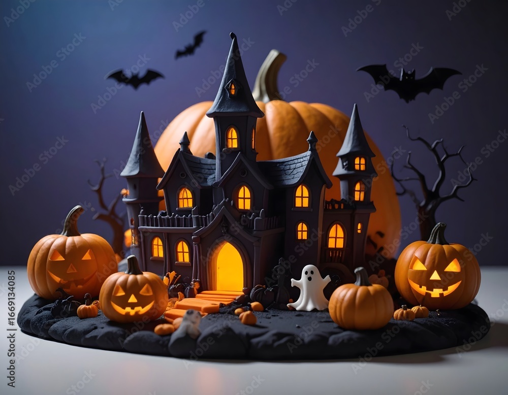 Fototapeta premium Vibrant Claymation Haunted Mansion in Halved Squash with Flying Witch