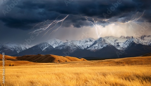 golden grasslands with snow capped mountains under stormy sky with lightning