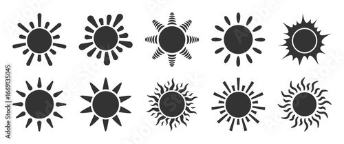 Sun icon black silhouette set, abstract flat radial star with various ray, graphic sunburst sign, solar image, minimal sunshine symbol, weather daylight sketch, heat pictogram, circular energy emblem
