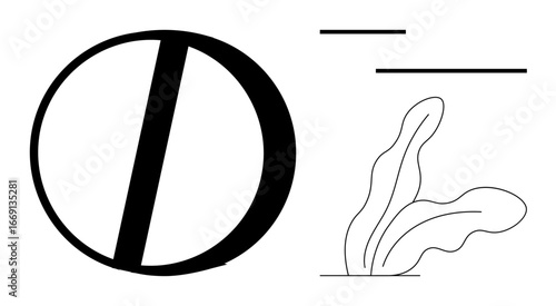 Bold circular shape intersected with a diagonal line, abstract leaf figure, and minimalist linear accents. Ideal for design, balance, abstract art, creativity, simplicity, modernity simple flat