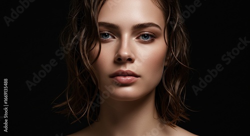 Wallpaper Mural Woman With Wet Hair And Glowing Skin Looks Directly At Camera In Studio Lighting Torontodigital.ca