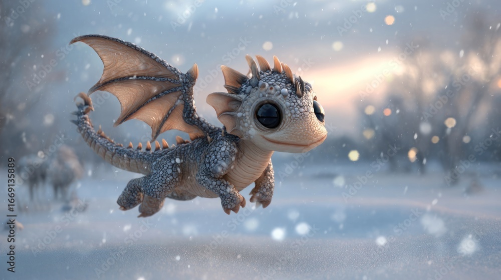 Obraz premium Whimsical Winter Dragon Cub A Lighthearted Fantasy Scene of a Young Dragon Flying Through a Snowy Landscape with a Soft Glow