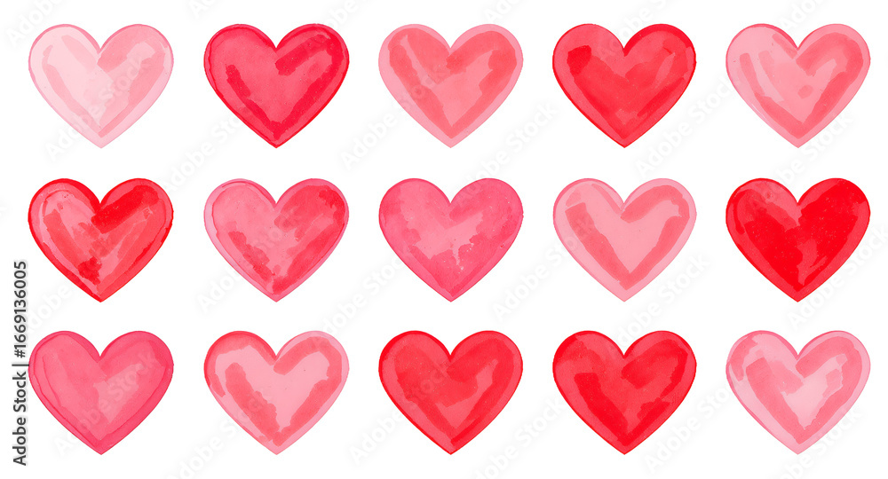 Fototapeta premium Watercolor Painted Hearts Patterned Pink and Red Hearts Isolated on White