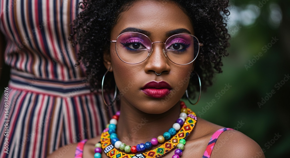 Obraz premium Young Black Woman Wearing Glasses and Colorful Necklace Outside
