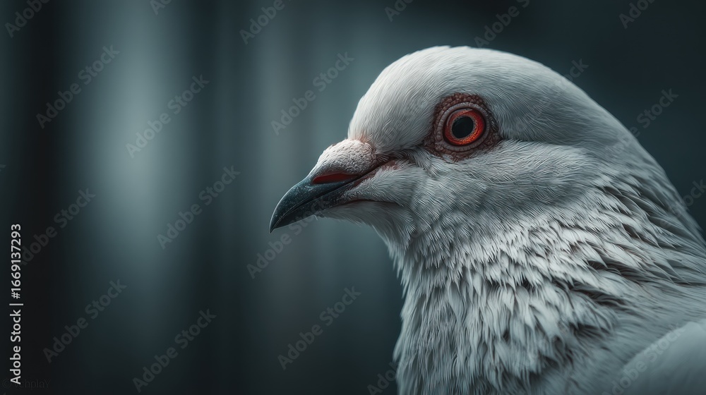 Fototapeta premium Portrait of a White Pigeon with Intense Orange Eyes on a Muted Background