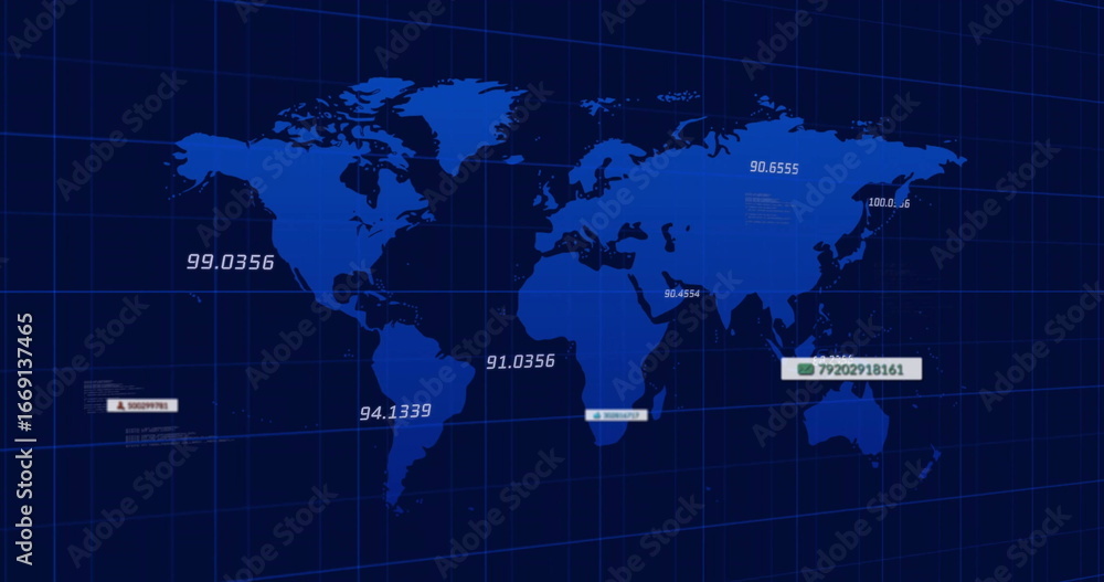 Fototapeta premium Rendering digital world map shapes over navy grid background, with floating numeric data labels