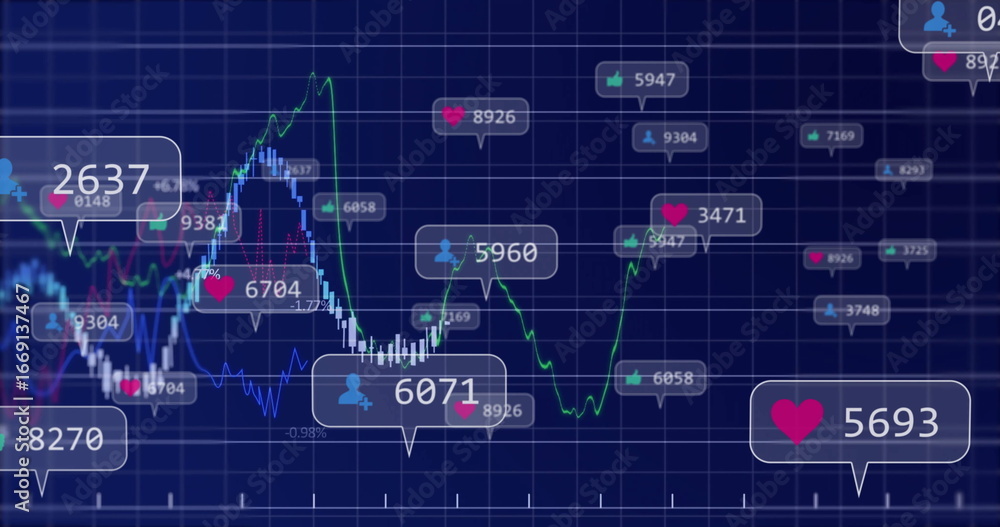 Fototapeta premium Displaying analytics dashboard showing colored line graphs with callout bubbles heart user icons