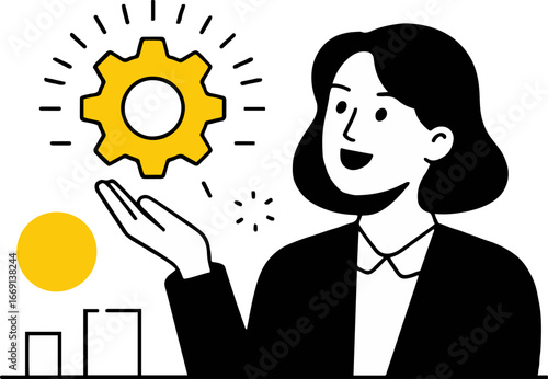 Woman presenting a yellow gear above her hand with a bar graph and a yellow circle behind