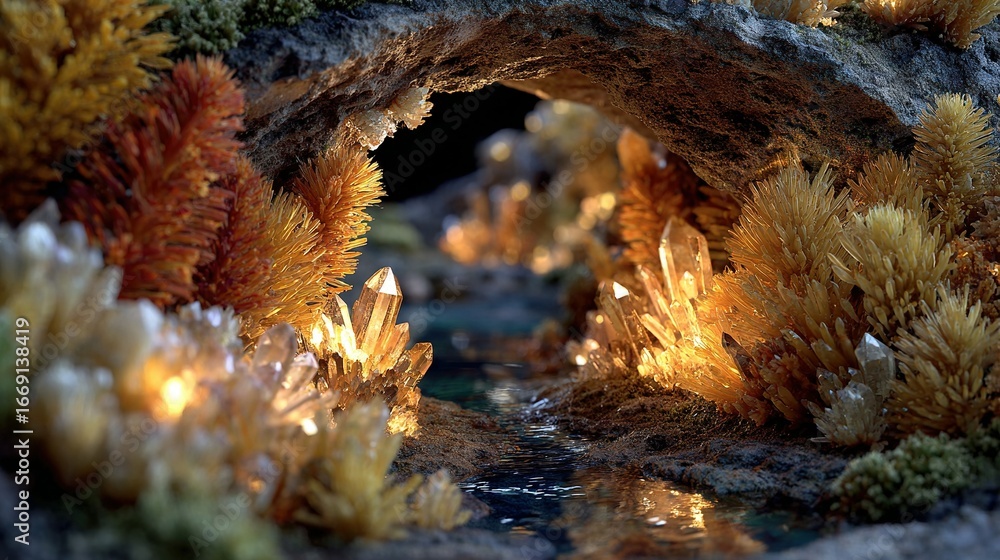 Fototapeta premium Crystals inside a dark cave with light reflecting off the surfaces.