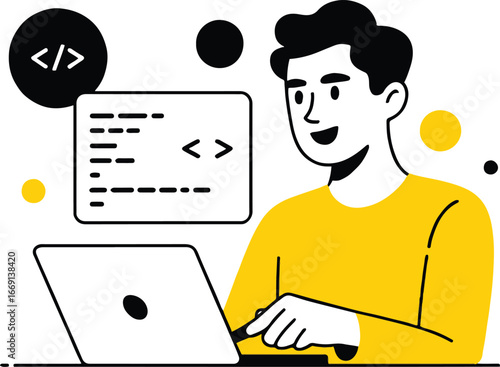 A programmer working on a laptop with code snippets and design elements around him in a cartoon style