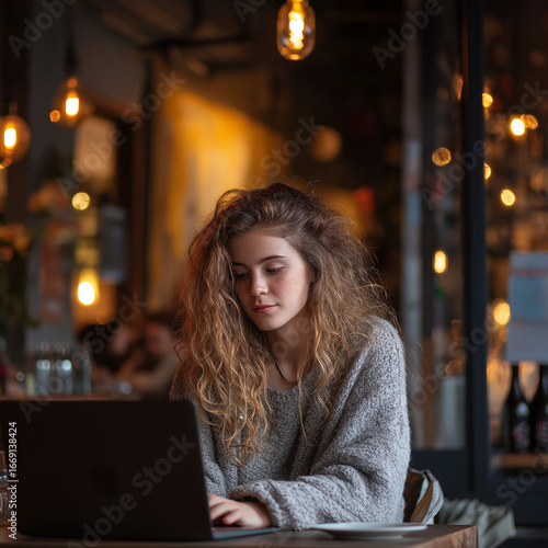 Woman working on laptop at café