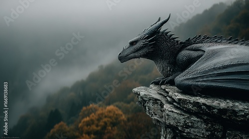 Dark dragon perched on rocky cliff overlooking misty forest landscape.