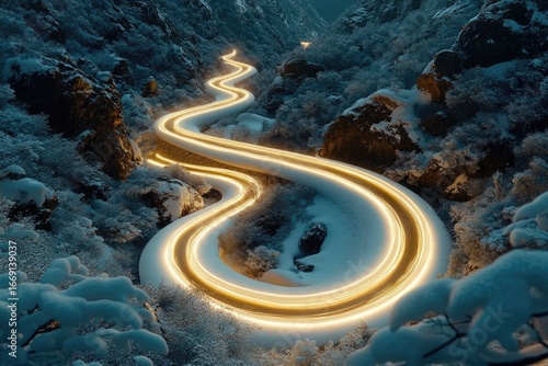 Glowing Road Through Snowy Mountain Pass: Serpentine Light Trails at Dusk