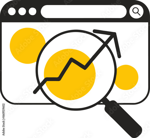 Illustration of a browser window with yellow circles and a magnifying glass showing an upward trend line