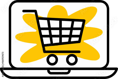 A black outline of a laptop with a shopping cart on the screen and a yellow flower in the background