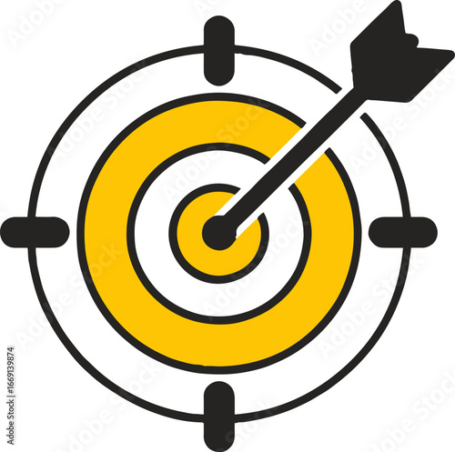 A target with a yellow center and an arrow hitting the bullseye on a white background illustration