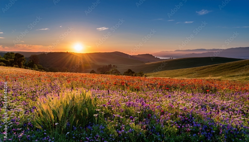 Fototapeta premium sunrise over a colorful wildflower field with hills in the background