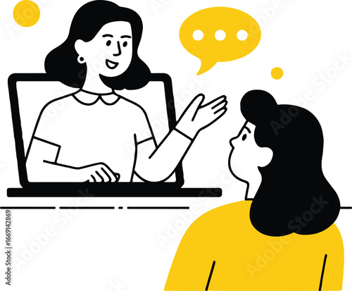 Two women in a virtual meeting with a speech bubble and yellow accents in a cartoon style illustration