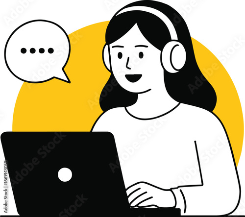 Cartoon woman with headphones using laptop with chat bubble on a yellow circular background design