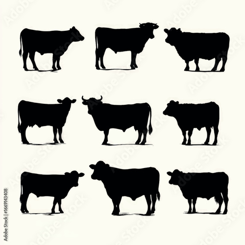 Angus cow silhouette set, Black & White silhouette set