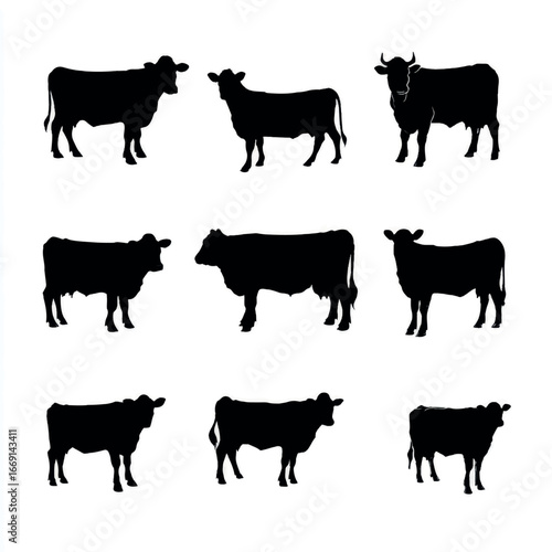Angus cow silhouette set, Black & White silhouette set