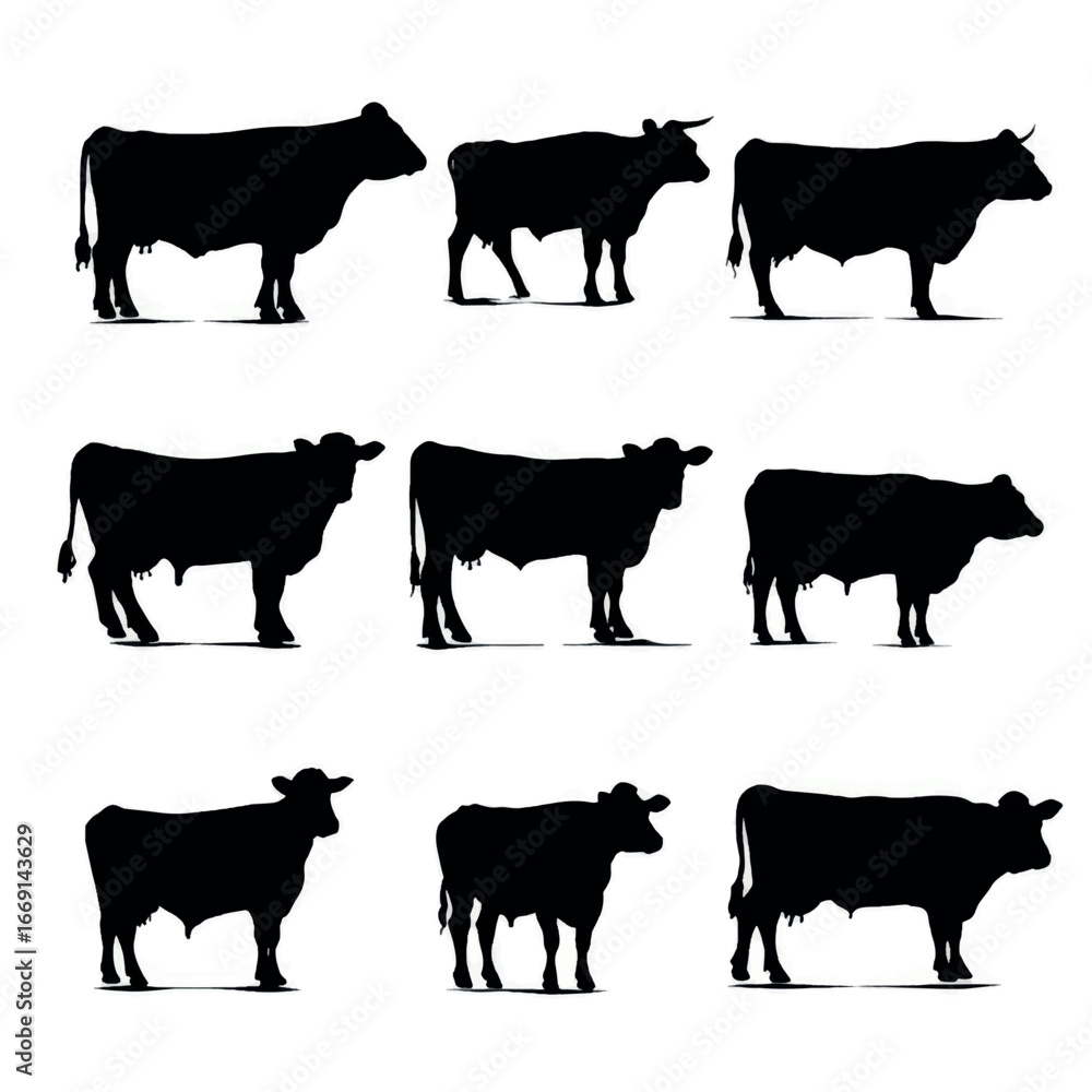 Fototapeta premium Angus cow silhouette set, Black & White silhouette set
