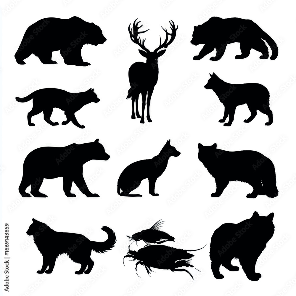 Obraz premium Animal silhouette set, Black & White silhouette set
