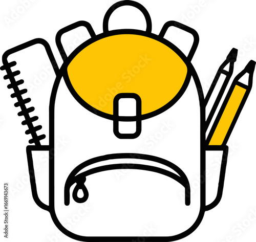 A white backpack with yellow flap and notebook and pencils for school supplies illustration vector