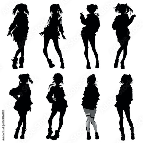 Anime girl silhouette set, Black & White silhouette set