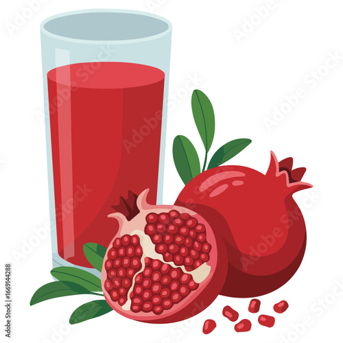 Glass of fresh pomegranate fruit juice healthy drink vector illustration on white background