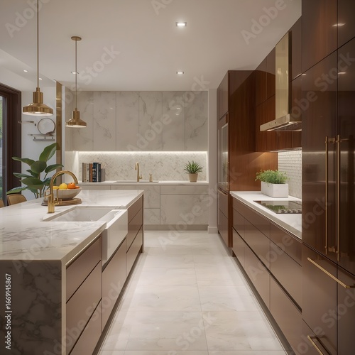 Luxurious galley kitchen with marble countertops and gold accents.