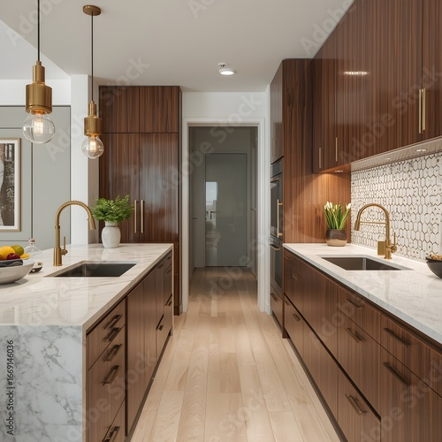 Luxurious galley kitchen with marble countertops and gold accents.