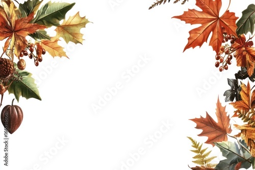 Autumnal Botanical Frame: Maple Leaves, Berries, and Pinecones on White Background
