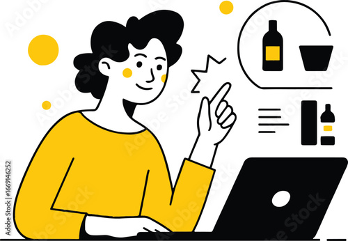 A woman in yellow shirt using laptop with bottle and cup icon above finger on a white background