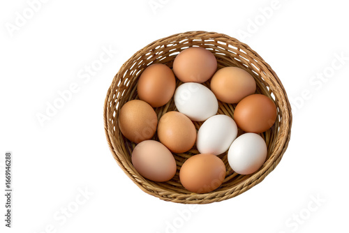 Wallpaper Mural Overhead shot of a woven basket filled with a mix of brown and white chicken eggs against a white background, food and nutrition Torontodigital.ca