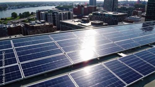 urban skyline view including solar panels mounted on building rooftop