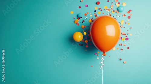 Vibrant Celebration: Orange Balloon, Confetti, and Joyful Turquoise Backdrop