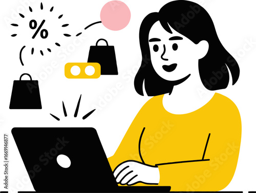 Woman using laptop for online shopping with discount and shopping bags illustration graphic art