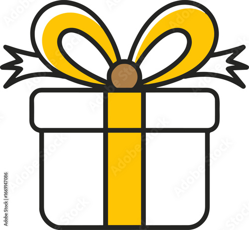 A simple white gift box with a yellow ribbon and bow isolated on a white background in cartoon style